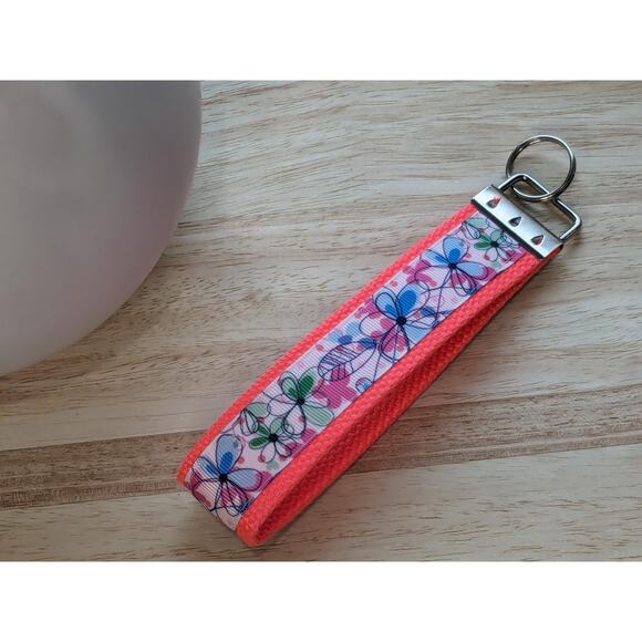Floral Keychain Wristlet Handmade Boho‎ Fabric Key FOB Sturdy Daisy Flower Neon - Picture 4 of 7